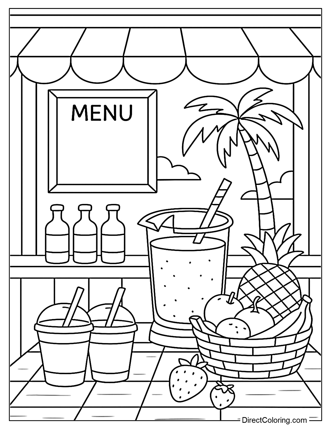 A mini coastal smoothie bar coloring page, featuring syrup bottles, a basket of fresh fruit (banana, pineapple, orange), and 3 smoothie glasses waiting for toppings.